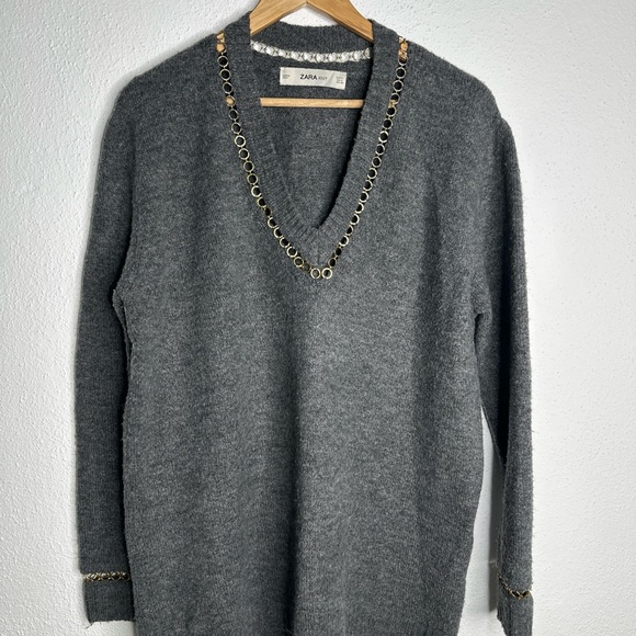Zara Gray V-Neck Sweater with Gold Trim - Picture 2 of 6
